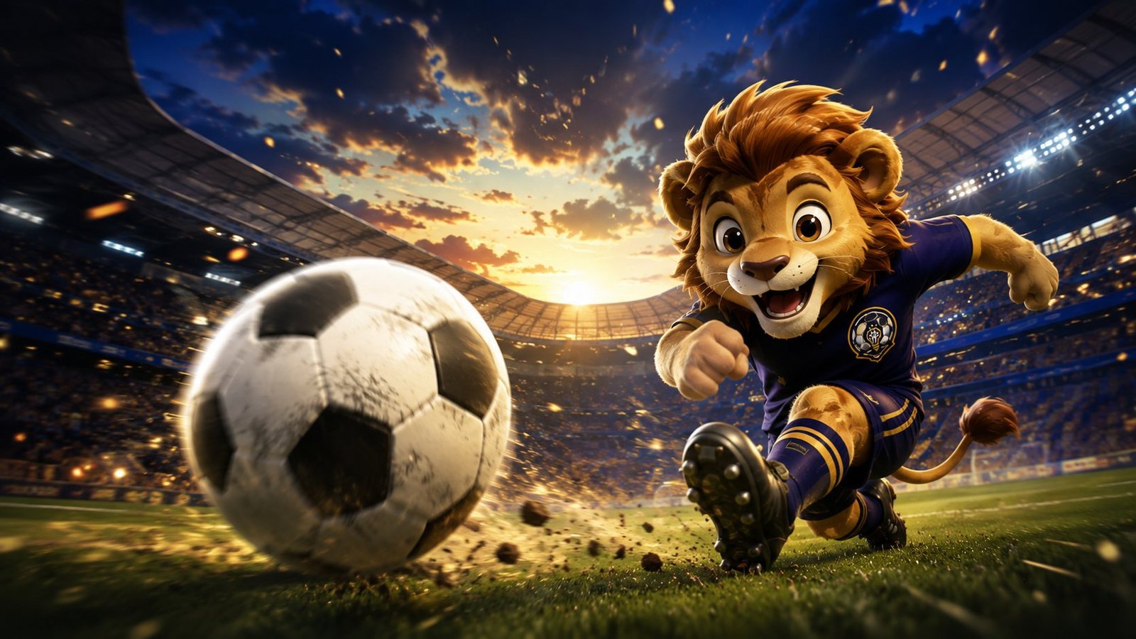 The Football Lab mascot striking a ball in a floodlit stadium